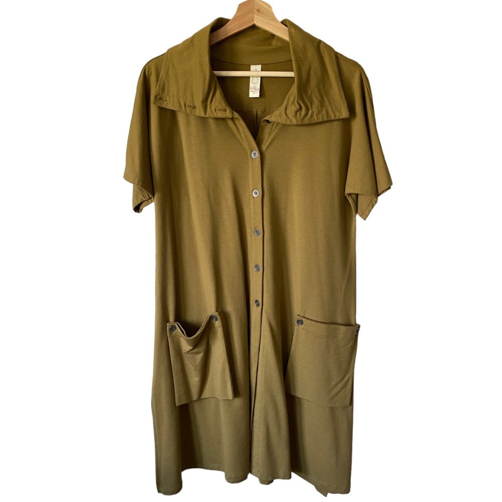 Chalet Lagenlook Green Tunic Dress With Removable Pockets Relaxed Button front